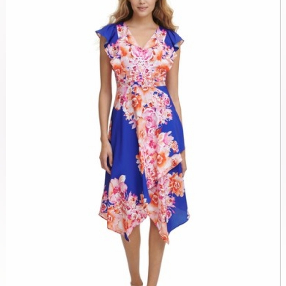 Kensie Dresses & Skirts - NWT Kensie Blue Asymmetrical-hem Flutter Sleeve Midi Dress